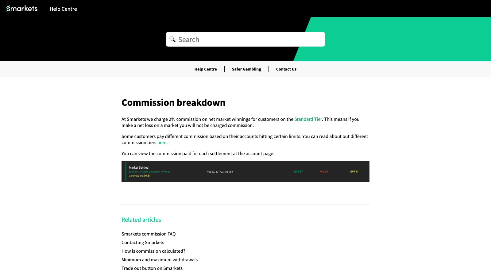 Screenshot of help.smarkets.com/hc/en-gb/articles/212106009-Commission-breakdown, the primary source for this page, captured 8 OCT 2026
