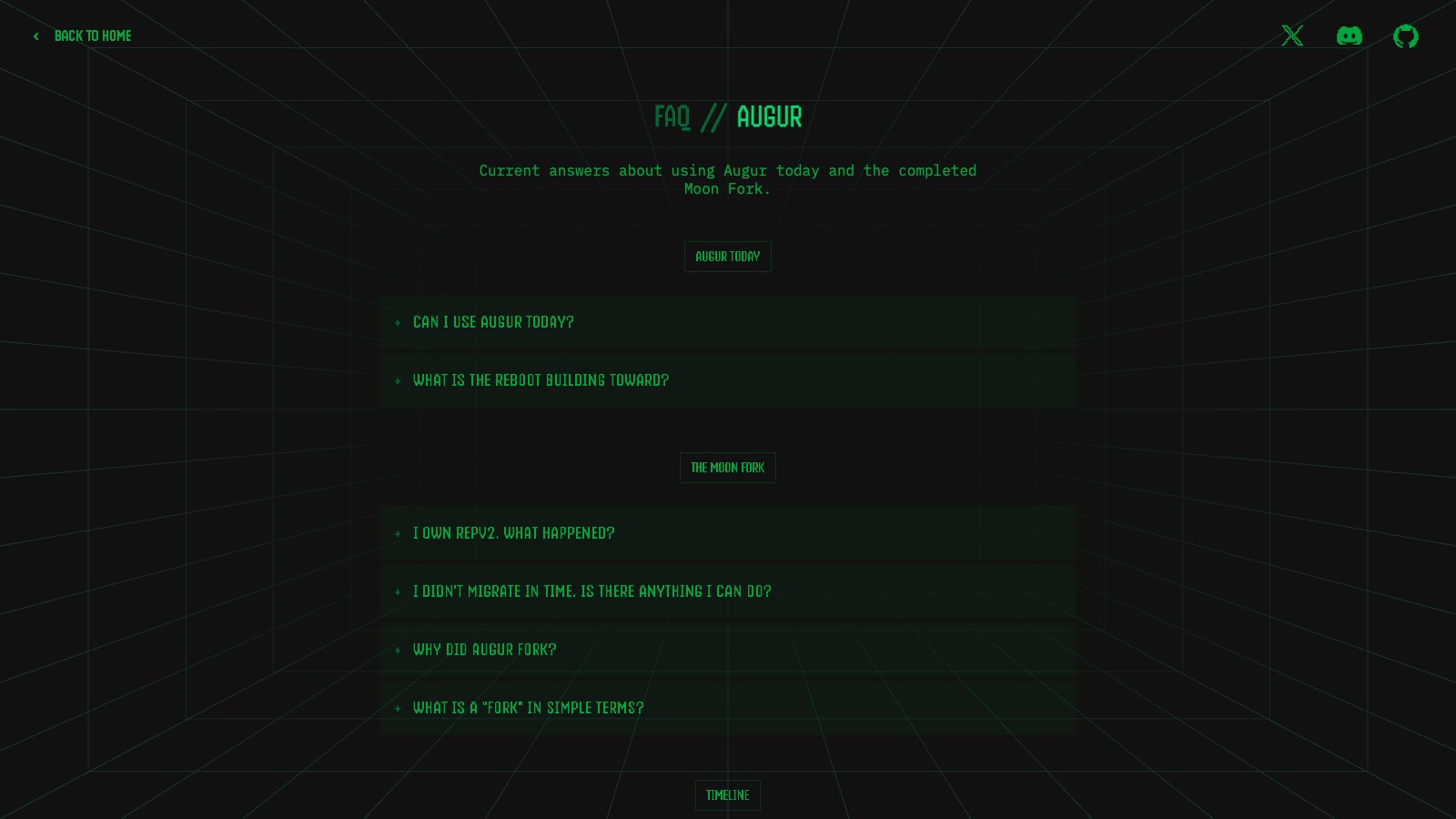Screenshot of augur.net/faq, the primary source for this page, captured 8 OCT 2026