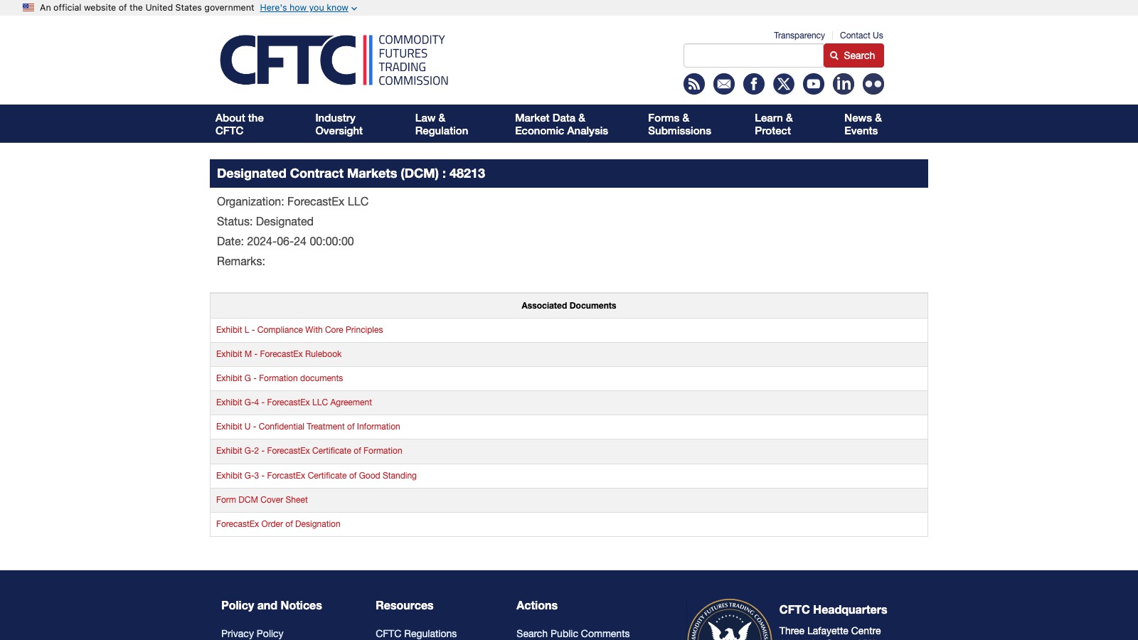 Screenshot of cftc.gov/IndustryOversight/IndustryFilings/TradingOrganizations/48213, the primary source for this page, captured 8 OCT 2026