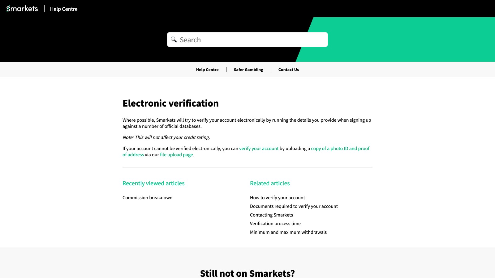 Screenshot of help.smarkets.com/hc/en-gb/articles/210025725-Electronic-verification, the primary source for this page, captured 8 OCT 2026