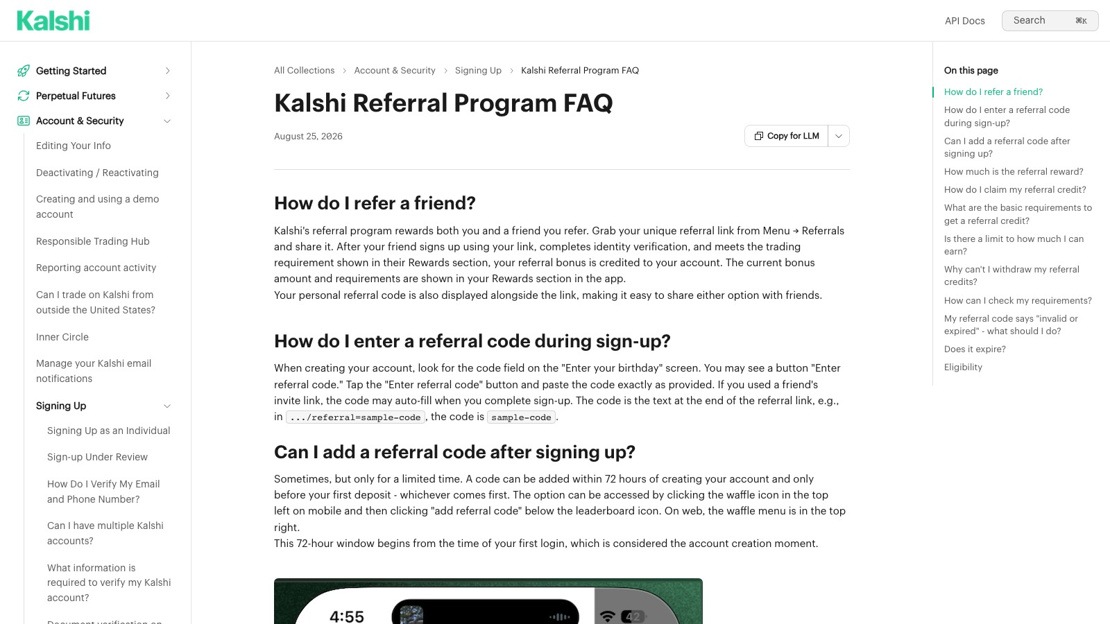 Screenshot of help.kalshi.com/en/articles/13823783-kalshi-referral-program-faq, the primary source for this page, captured 8 OCT 2026