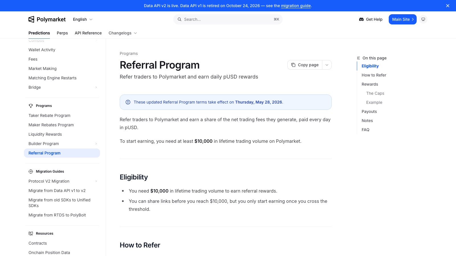 Screenshot of docs.polymarket.com/programs/referral-program, the primary source for this page, captured 8 OCT 2026