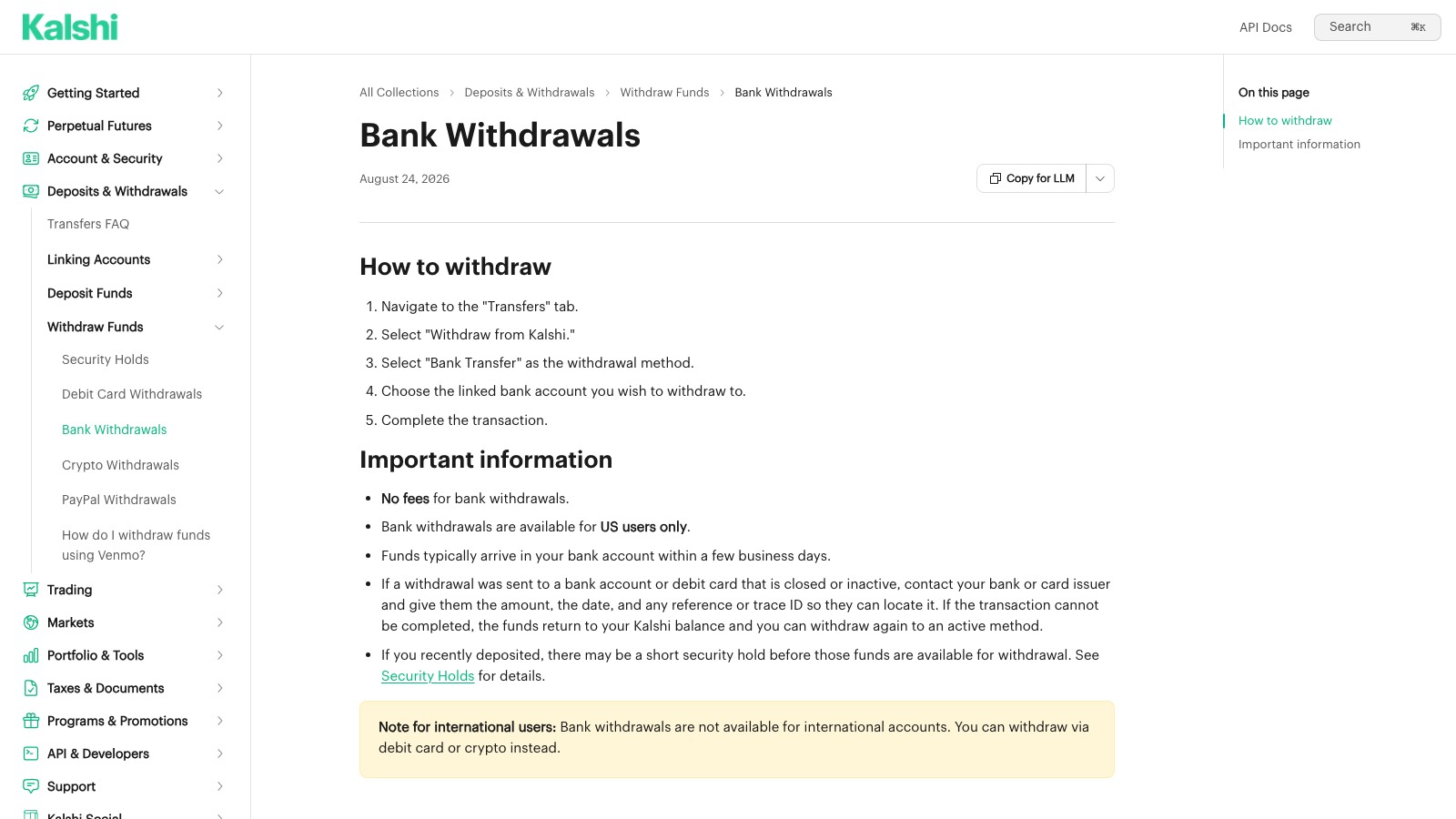 Screenshot of Kalshi's Bank Withdrawals help page, the kind of source each guide quotes, captured 8 OCT 2026