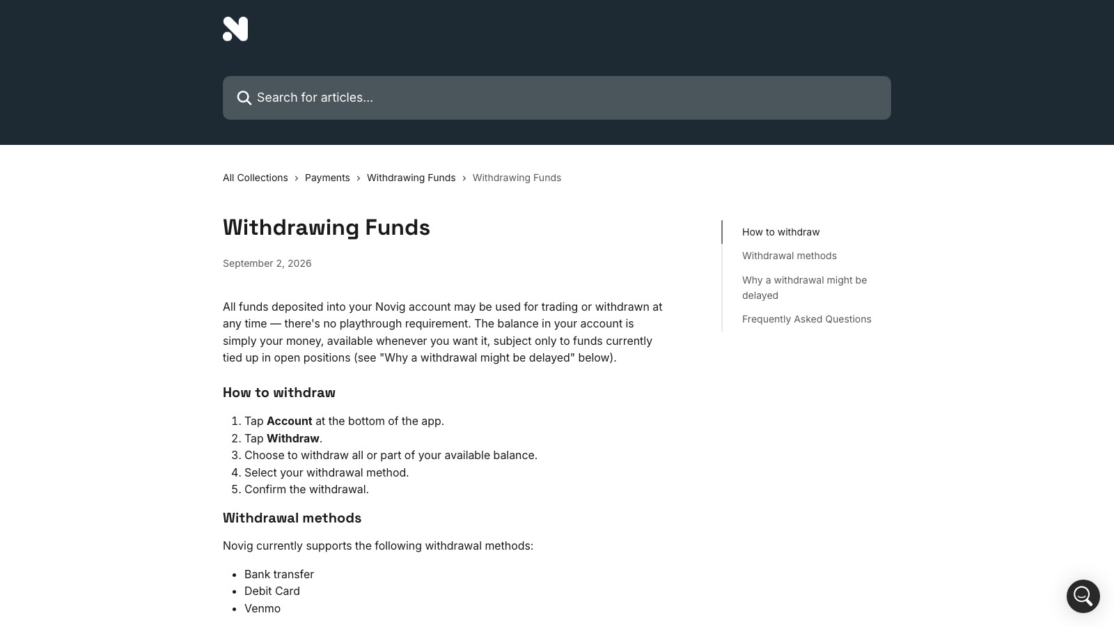 Screenshot of Novig's Withdrawing Funds help page, captured 8 OCT 2026