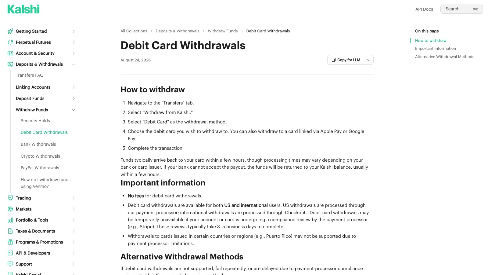 Screenshot of Kalshi's Debit Card Withdrawals help page, captured 8 OCT 2026